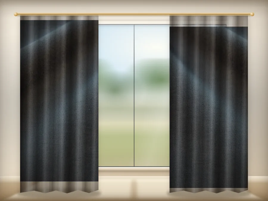Charcoal grey blackout curtains drawn across a window in a plain room — a visualisation built from the catalogue 302 shade photograph