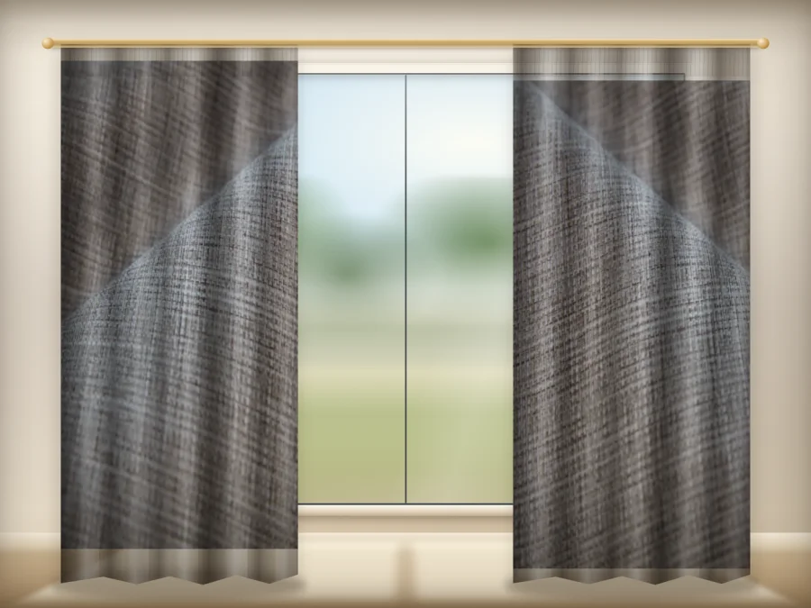 Coffee jacquard blackout curtains drawn across a window in a plain room — a visualisation built from the catalogue 303 shade photograph
